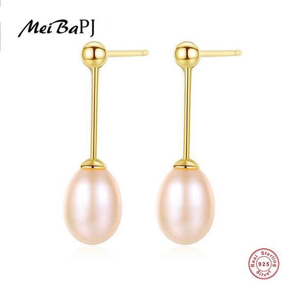 

meibapj] wholesale price natural pearl simple golden drop earrings real 925 sterling silver fashion earrings for women, Golden;silver