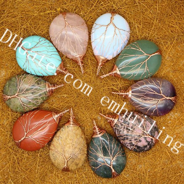 10pcs Vendita Filo di rame fatto a mano avvolto Albero della vita Gemma naturale Agata Turchese Rhodonite Unakite Immagine Jasper Teardrop Pendant