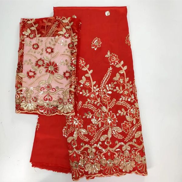 

5 yards red african george lace fabric with sequins flower design and 2yards french net lace for clothes wh2-1, Black;white
