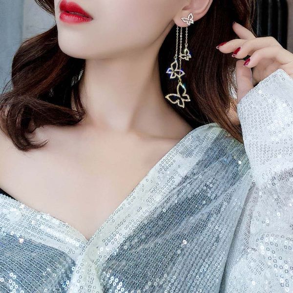 

needle butterfly crystal asymmetrical earrings female upscale style korea long fashion ear earrings product, Silver
