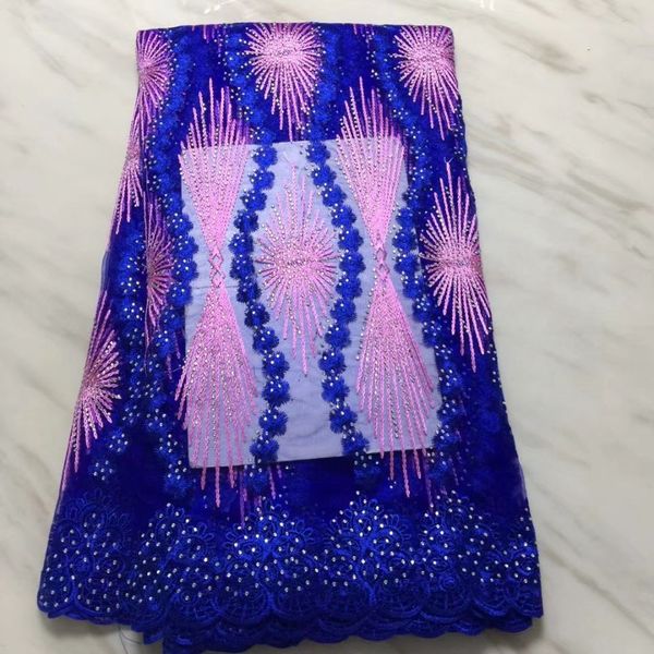 5Yards/pc Vendita calda blu reale e rosa ricamo in pizzo netto francese con strass tessuto di pizzo di maglia africano per il vestito BN105-9