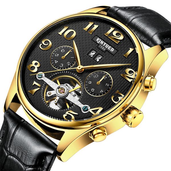 

wengle new kinyued luxury commerce upscale men belt automatic hollow tourbillon waterproof calendar luminous dress mechanical watches, Slivery;brown