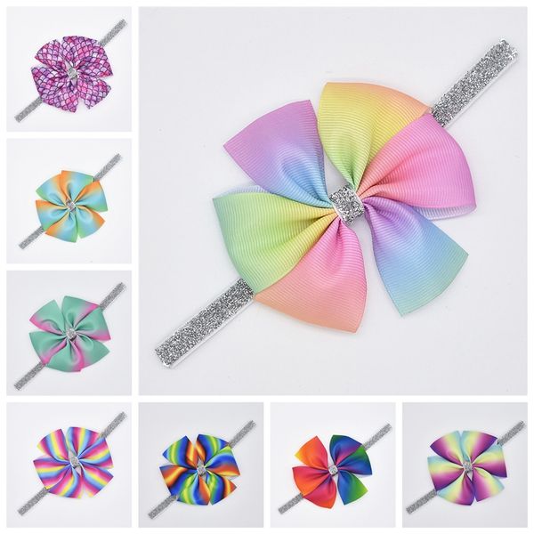 

12pcs hair bands accessories for girls baby 4" grosgrain ribbon bows glitter metallic elastic headbands headwear hairband hd106, Slivery;white