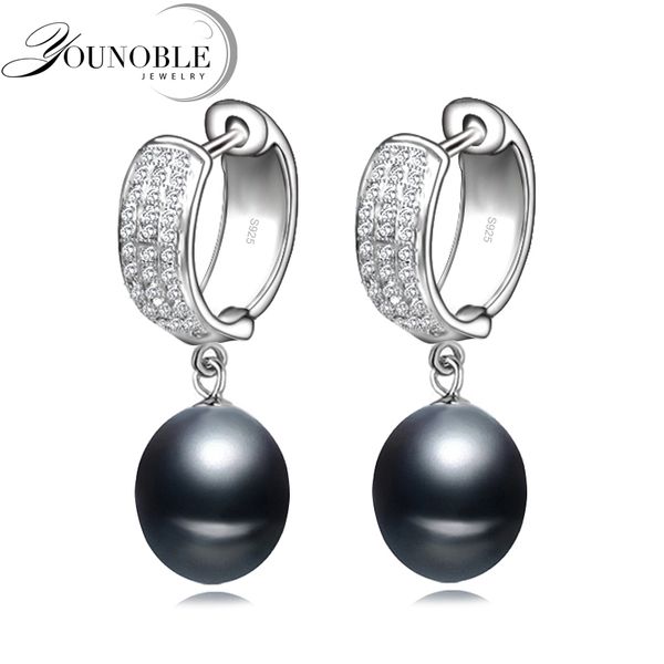 

925 sterling silver earrings for women,anniversary gift black freshwater natural pearl circle bride earrings, Golden;silver