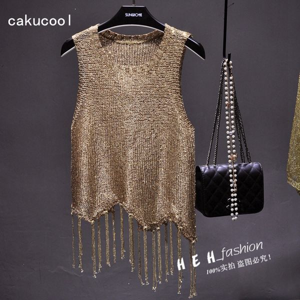 

cakucool women gold lurex knit tank camis hollow out camisole tassles slim shining spaghetti basic wear summer, White