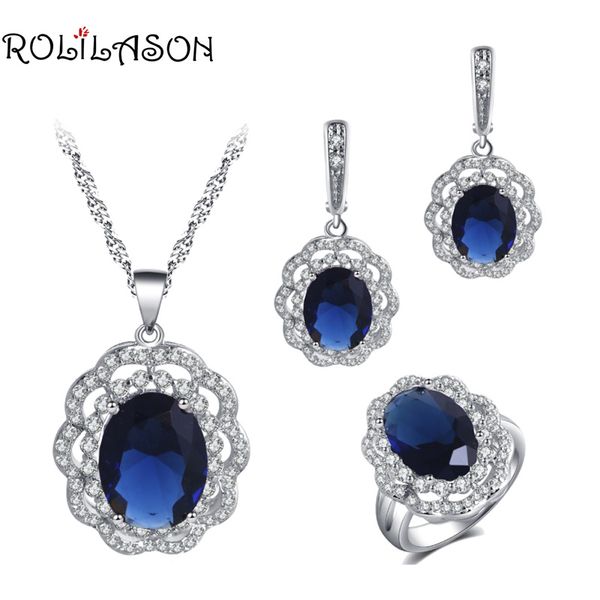 

rolilason anniversary celebration deep blue zircon round flower design for women silver earrings necklace ring jewelry set js774