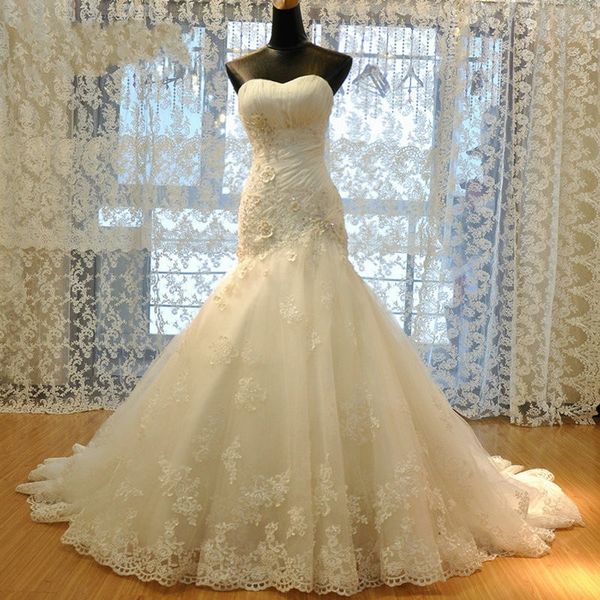 Novo vestido de noiva de sereia, namorada, lace apliques flores de tule de tule vestidos de noiva vestido de noiva robe de mariage