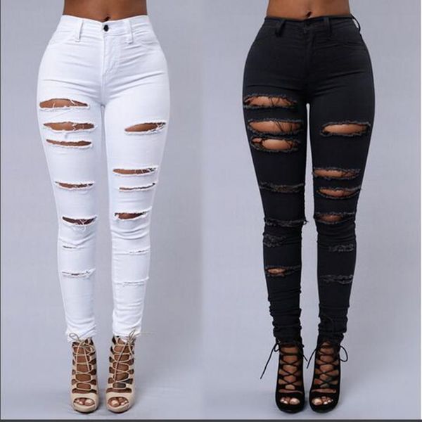 High Street Women Skinny Jeans Seksi Yırtık Cilt Sıkı Kot Moda Siyah ve Beyaz Kalem Denim Pantolon Qrp0