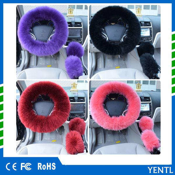 

free shipping 3pcs/set Winter Car Steering-wheel Cover Colors Long Australian Wool Heated Fur Genuine Leather Steering Wheel Cover Fur