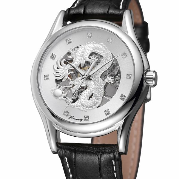 

silver case chinese dragon design black leather belt automatic mechanical watches mens watches skeleton clock, Slivery;brown