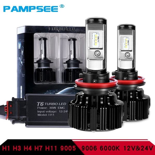 PAMPSEE T6 Turbo Led Faro H7 H4 led Faro Lampadina Turbo Decoder H1 9005 9006 Hi/Lo Fascio CSP Chip 12V 30W 6000K