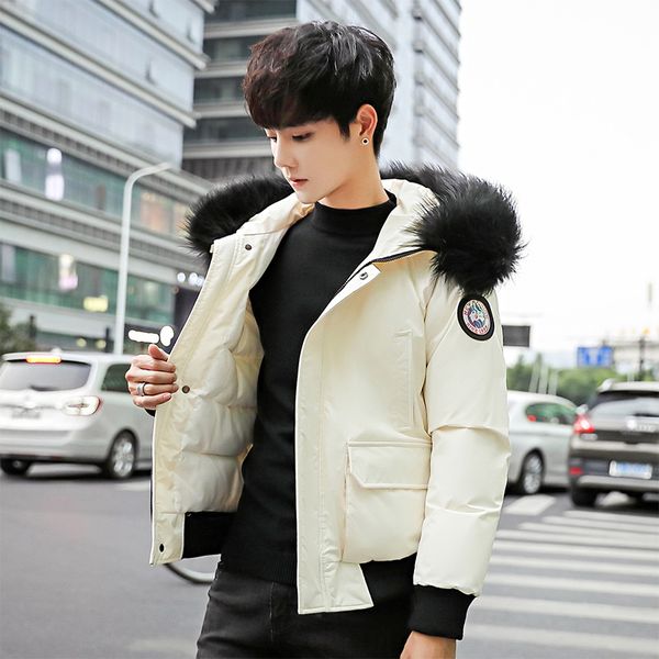 

loose fur hoodies winter jacket men warm pockets casual short coat england style slim fashion warm male parka, Black
