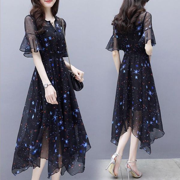 

women floral dress elastic waistline fashion new design summer chiffon dress aline sweet female holiday vestidos, Black;gray