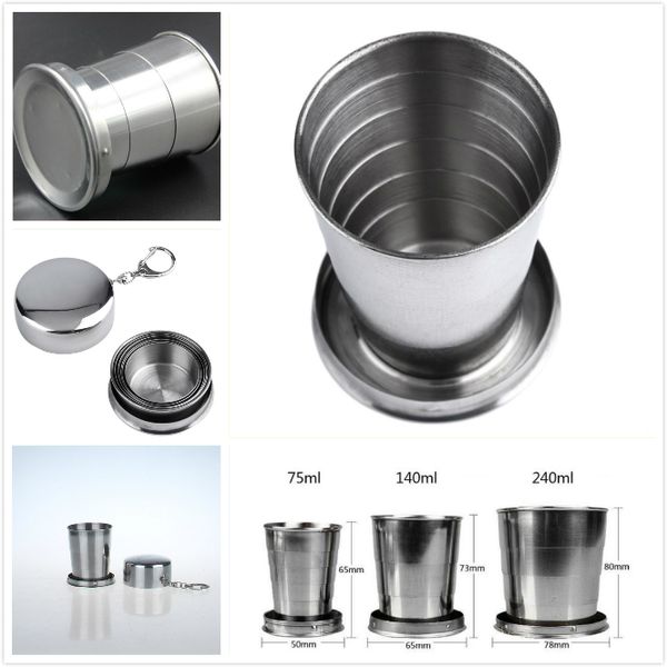 

portable outdoor camping stainless steel folding cups 75ml 140ml 240ml travel kettle collapsible cup with keychain