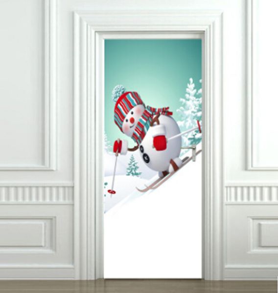 

christmas snowman skiing 3d door sticker creative self adhesive xmas wallpapers removable bedroom living room wallpaper