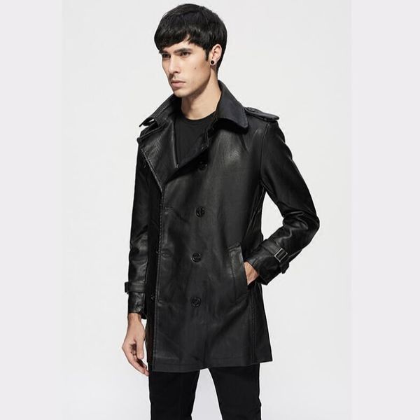

2018 spring and autumn new men thin belt lapel leather windbreaker male long section korean jackets mens slim trend trench coat, Tan;black