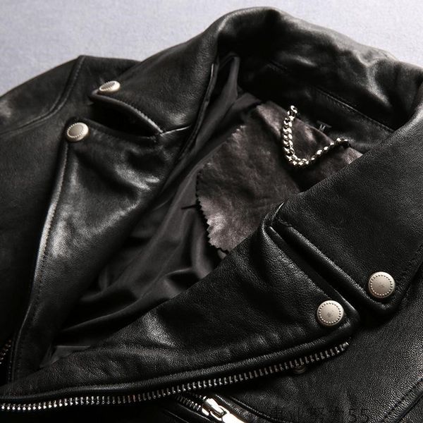 

2018 men leather jackets flocking sheep leather jacket lapel zipper short style slim fit motorcycle jacket, Black