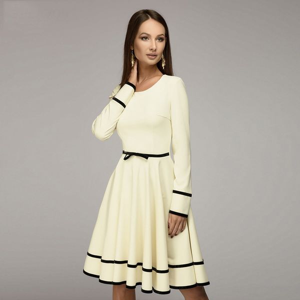 

ladies simple a-line dress 2018 autumn winter o-neck long sleeve knee-length dress elegnat women casual solid vestidos 5 size, White;black