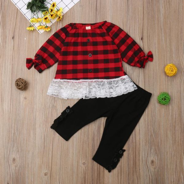 

toddler kids baby girls christmas clothes plaids lace bow t-shirt long pants outfits cute kids autumn clothing, White