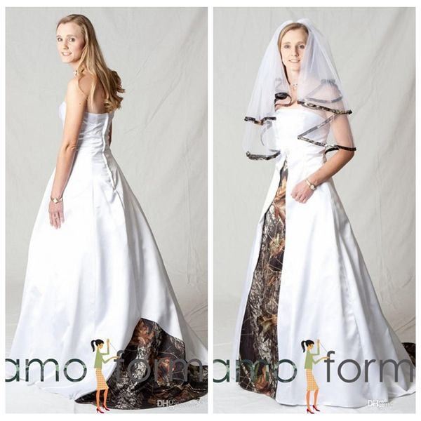 

strapless a-line satin wedding dresses sweep train camouflage bridal gowns 2018 real tree custom country wedding gowns, White