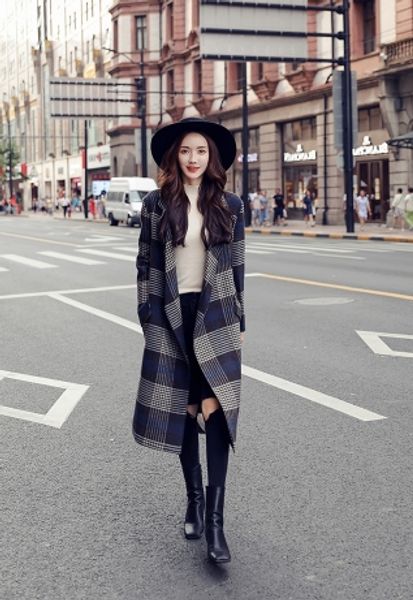 

fashion women's 2018 new retro plaid woolen coat female long section korean version of the loose autumn and winter woolen coat, Black