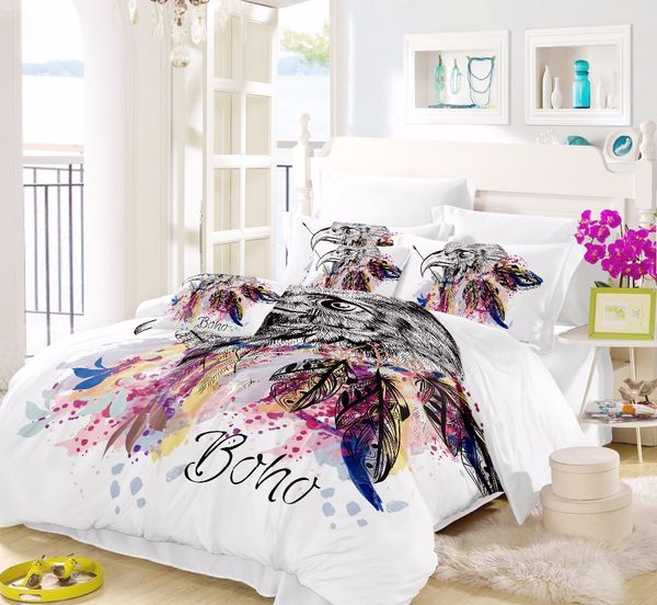 

3pcs dreamcatcher feathers luxury watercolor bedding set bohemian printed feather  size pillowcase duvet cover set sj131