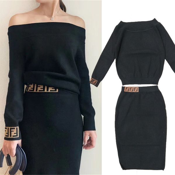 

2018 autumn orange/black knitted slash neck long sleeve and short dress brand same style loose 2 pieces sets women 25-1, White