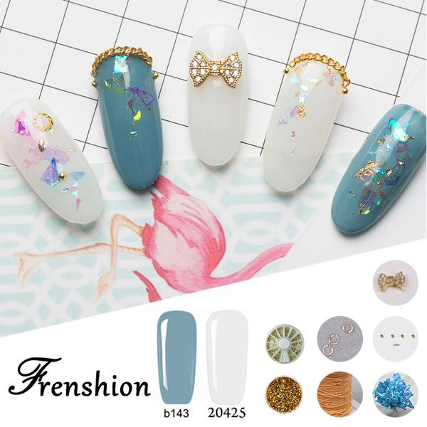 

frenshion whole kits uv/led nail gel polish bow ornament gold foil sticker rivet decoration cellophane paper sequin for novice, Silver;gold