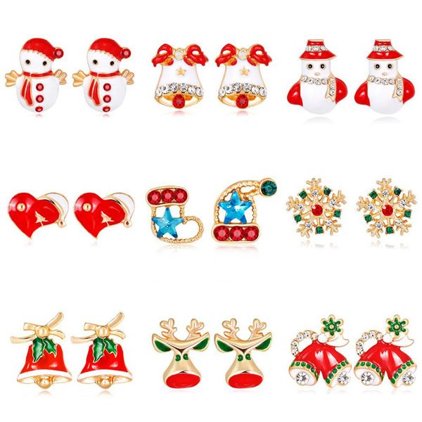 

9 designs mix new fashion red enamel small stud earrings for women girls fashion cute christmas snowman bell hats snowflake earring db, Golden;silver
