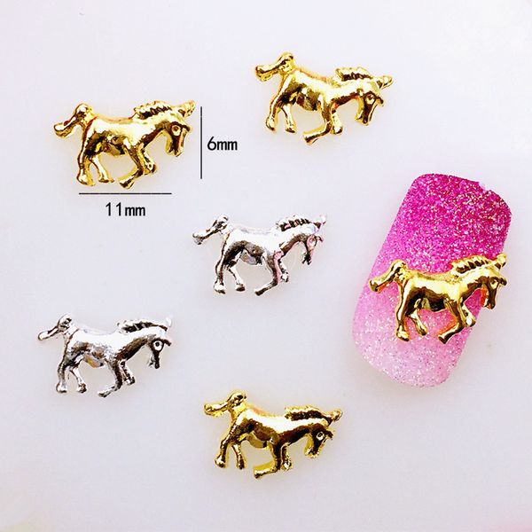 

10pcs/lot 6*11mm gold and silver unicorn horse 3d diy metal alloy nail art decorations nail stickers jewelry accessories/charms, Silver;gold
