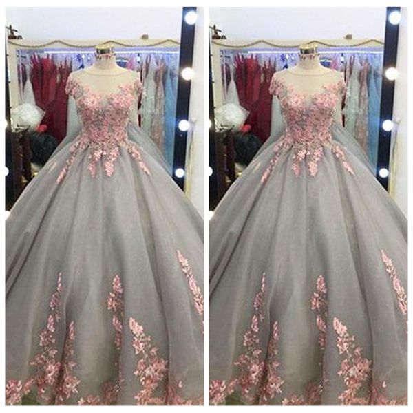 

sheer short sleeves ball gown prom dresses lace appliques 2021 grey with pink lace beaded formal vestidos de quinceanera dress, Black
