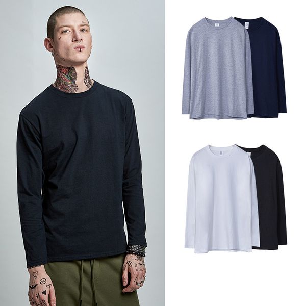 

модные мужские новый прямой тип high street tide марка сплошной цвет базы отдыха круглый воротник открытый с длинными рукавами футболки, White;black