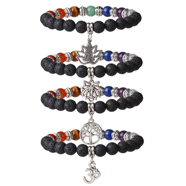 

buddhism lava rock stone lotus bracelets men healing balance reiki 7 chakra bracelet buddha yoga meditation charm jewelry, Black