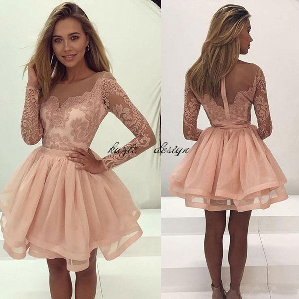 

Long Sleeve Cocktail Dresses Sheer Neck Illusion Lace Applique Short Prom Dress Cheap Evening Gown Plus Size Formal Dress Party Wear