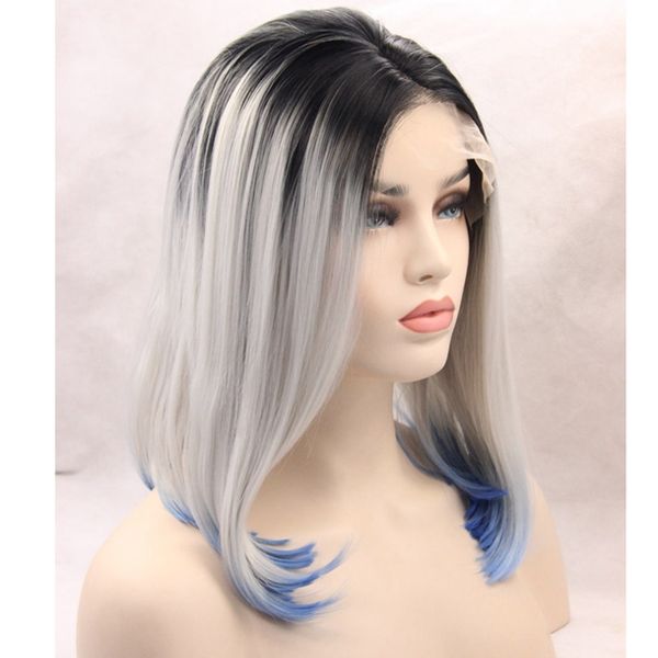 Short Bob Cosplay Wigs 3 Tones Silver Grey Synthetic Lace Front Wig Black Gray White Blue Ombre Straight Wig Heat Resistant Hair Short Hair Wigs Red