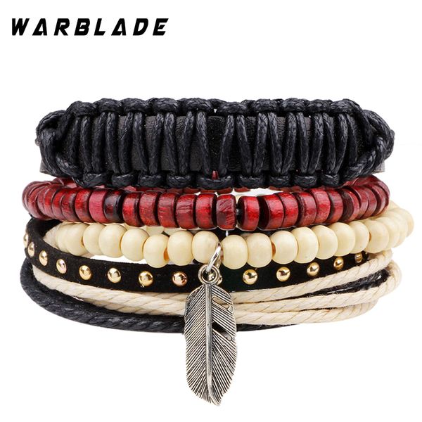

wbl fashion 4pcs/set punk genuine wrap leather bracelets men charm wood beads bracelets cuff wristband for women jewelry, Golden;silver