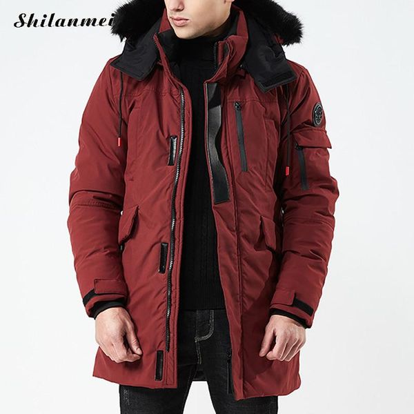 

plus size men parkas jackets fur hooded coat wine red winter long jacket men's parka hombre padded thick overcoat army green 3xl, Black