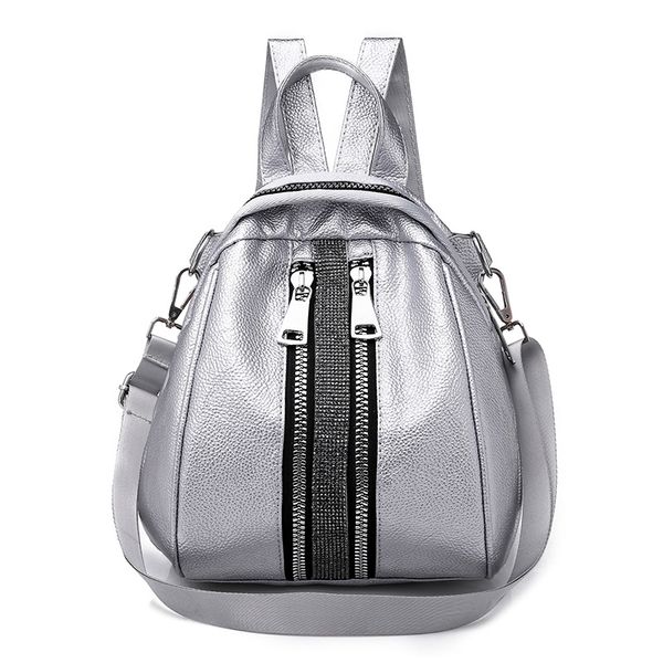 

new simple zipper women travel stripe small backpacks pu leather waterproof totes shoulder back bag women daypacks silver