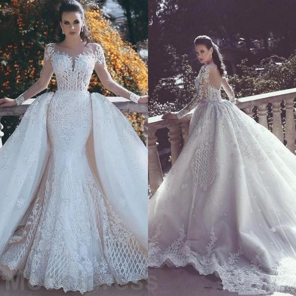 

African Luxury Lace Mermaid Wedding Dresses 2018 Illusion Neck Long Sleeve Detachable Train Appliques Beaded Plus Size Bridal Gowns Arabic