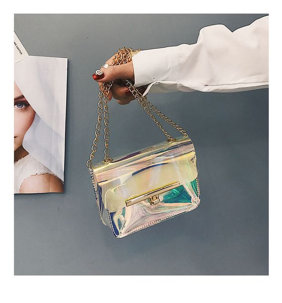 

hand arrival transparent hologram laser through bag women see pvc clear clutches bag small chain new folam