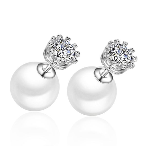 

100% 925 sterling silver new fashion shiny crystal imitation pearl ladies' stud earrings jewelry wholesale women birthday gift, Golden;silver
