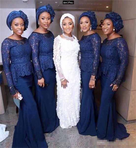 Aso Ebi Denizkızı Nedime Elbiseleri lacivert Uzun Kollu Akşam Peplum Dantel Afrikalı Kadınlar Düğün Konuk Elbise Giymek