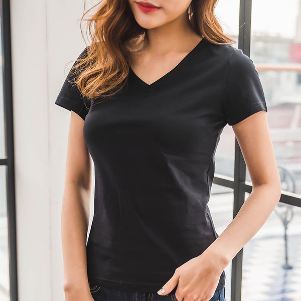 

2018 women o neck or v neck solid casual cotton t shirt short sleeve t-shirt for women size s-2xl with large stock, White