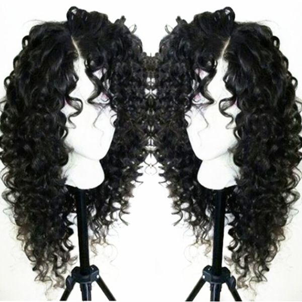 

Free Shipping Natural Looking Kinky Curly Hair Side Part Glueless Synthetic Lace Front Wigs for Women 24inch 180% Density Black Hair Color