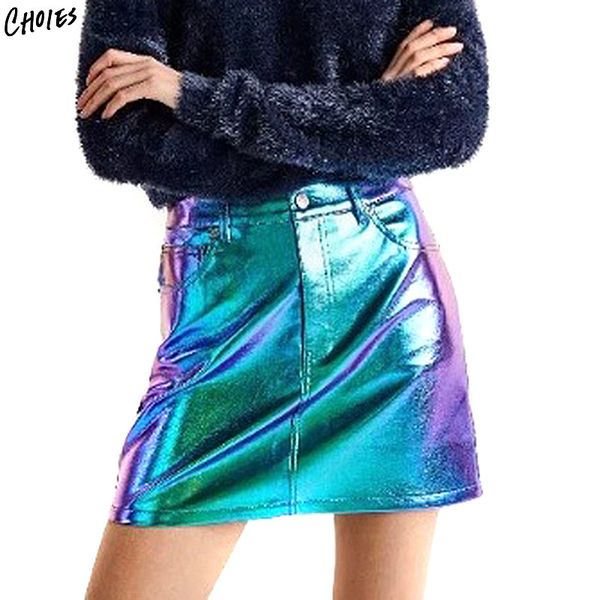 

green high waist metallic zip front leather mini skirt women faux leather party club wear bottom slim straight skirts, Black