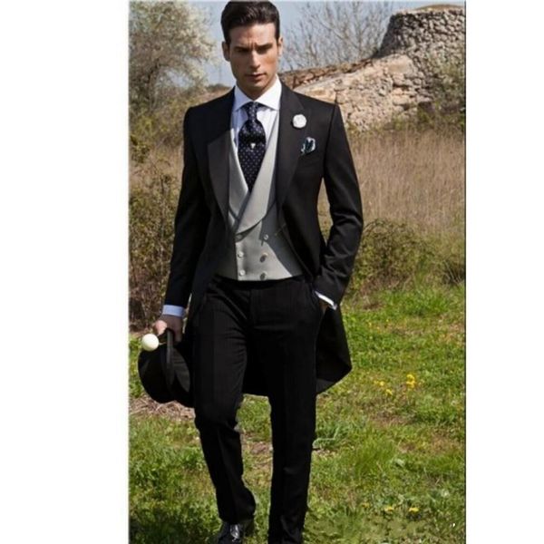 Blazer stile mattutino uomo nero frac smoking dello sposo risvolto smoking dello sposo abiti da sposa uomo (giacca + pantaloni + gilet)