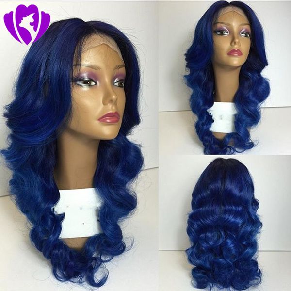 

new style dark roots ombre blue synthetic lace front wigs natural hair body wave wig for women, Black
