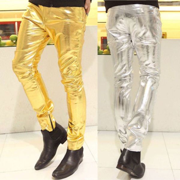 

new mens skinny faux pu leather pants shiny silver gold pants trousers nightclub fashion stage costumes for singers dancer male, Black