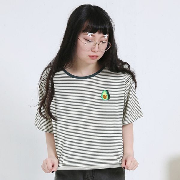 

2018 women's harajuku summer korean original avocado embroidery striped t-shirt female korean kawaii crop and tee for women, White