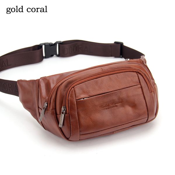 

2018 new gold coral brands genuine leather mens waist packs phone pouch casual vintage chest bag male fashion leather waist bags